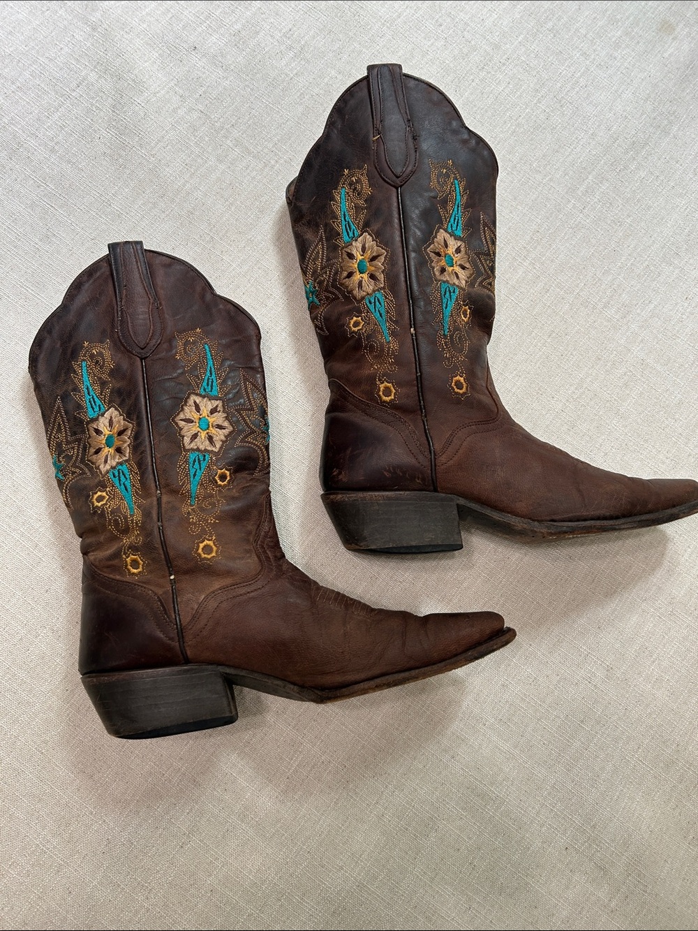 J.B. Dillon Boots Brown Goat Leather Western Turquoise Embroidery Heeled Cowgirl